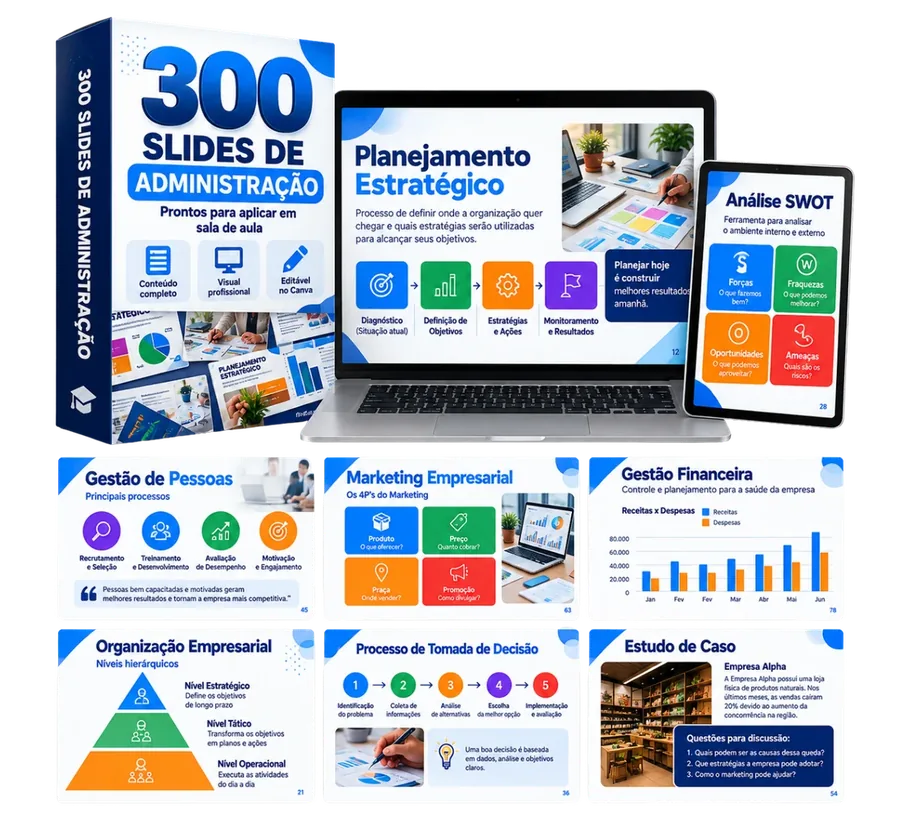 Pack de slides de Administração em notebook, tablet e exemplos de slides